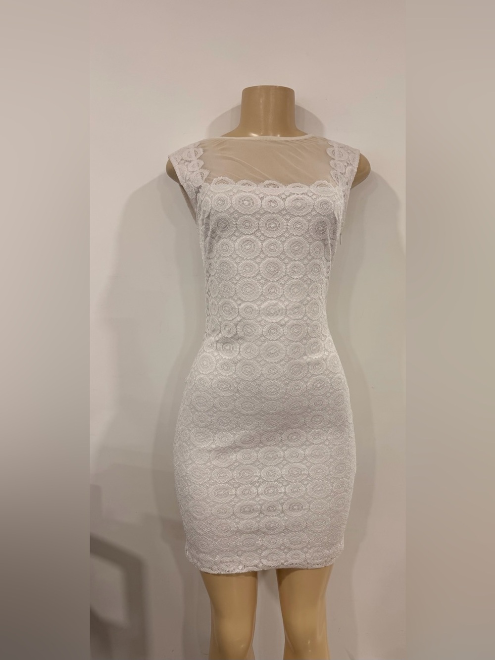 bebe White Lace Sheath Dress with Illusion Neckline
